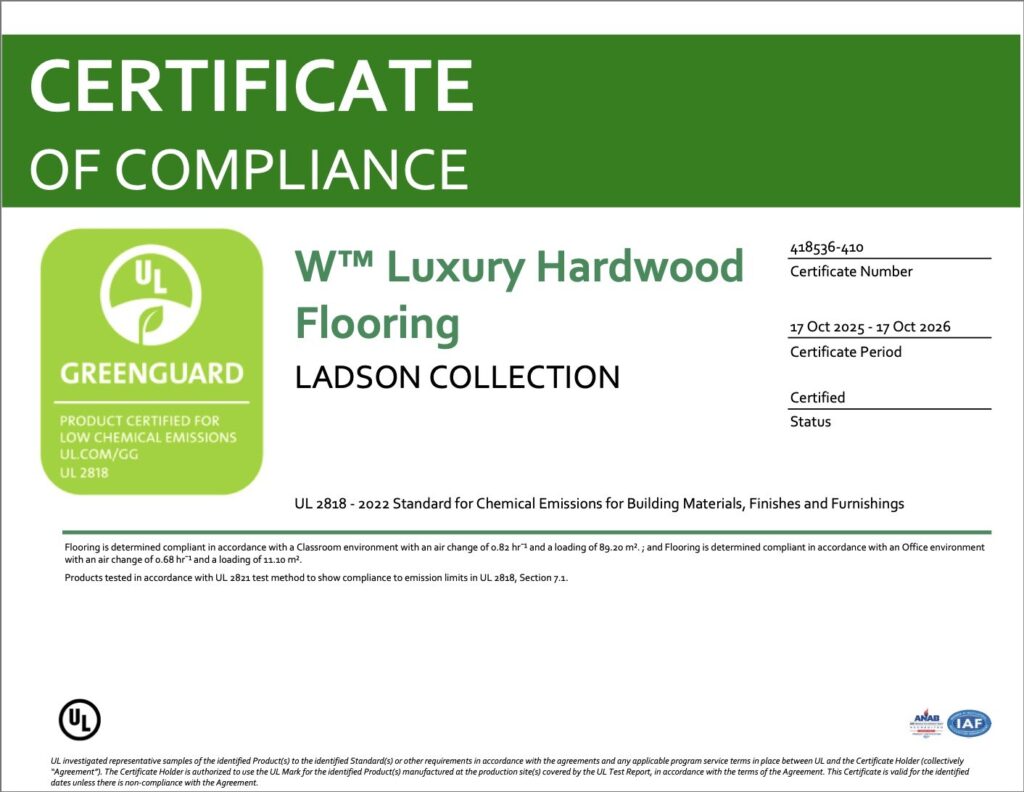 GREENGUARD Gold certificate for W Luxury Ladson Collection