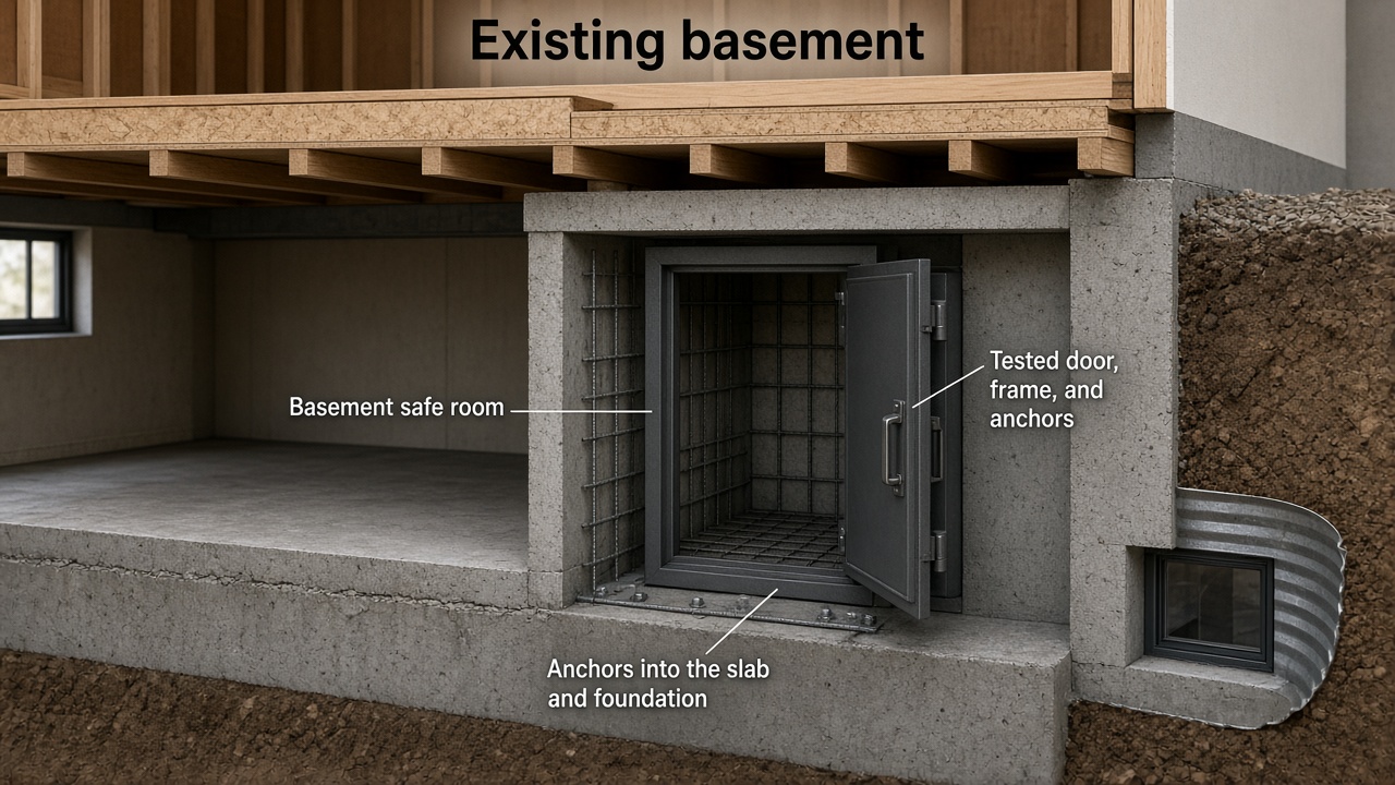 Discussion rendering of a basement safe room
