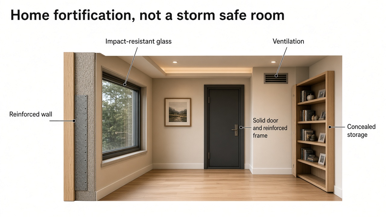 Discussion rendering of home fortification, not a storm safe room