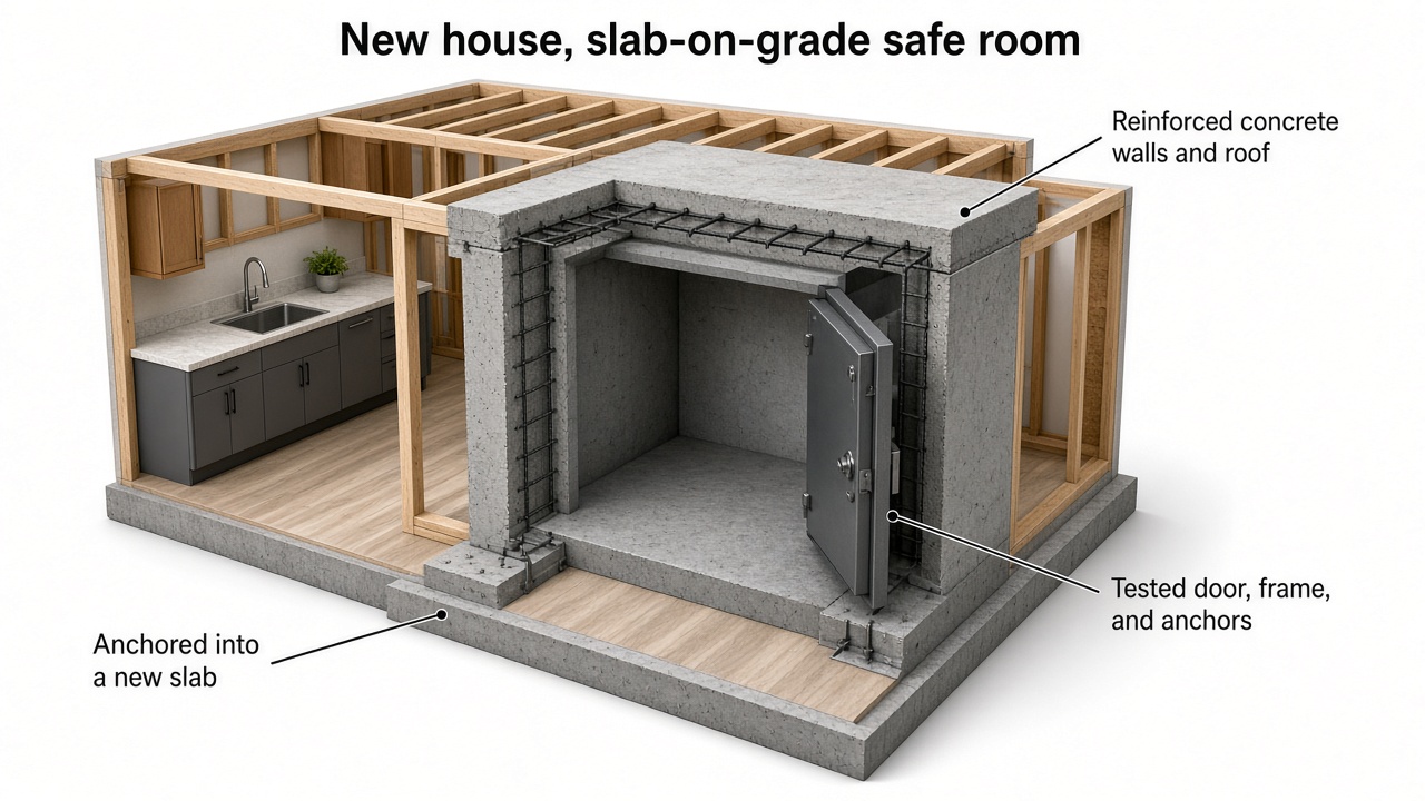 Discussion rendering of a new-house slab-on-grade safe room