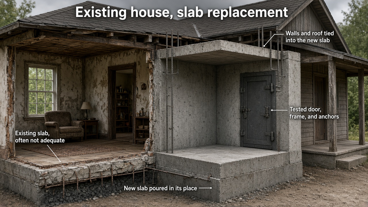Discussion rendering of replacing an existing slab under a safe room